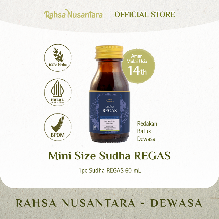 Sudha REGAS 60mL | BPOM - Ramuan Herbal Melegakan Tenggorokan, Membantu Meredakan Flu, Batuk, dan Pilek | By Rahsa