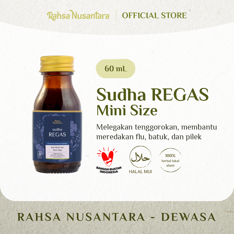 Sudha REGAS 60mL | BPOM - Ramuan Herbal Melegakan Tenggorokan, Membantu Meredakan Flu, Batuk, dan Pilek | By Rahsa