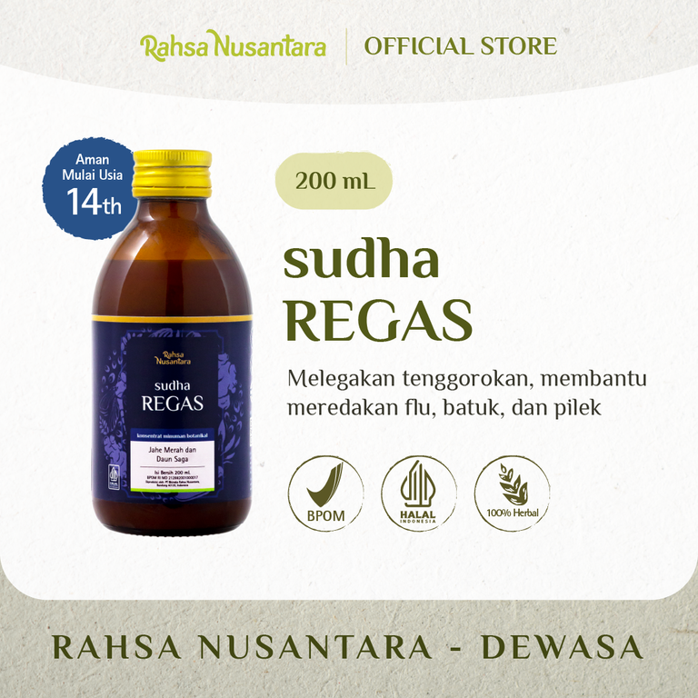 Sudha REGAS 200mL | BPOM - Ramuan Herbal Melegakan Tenggorokan, Membantu Meredakan Flu, Batuk, dan Pilek | By Rahsa Nusantara