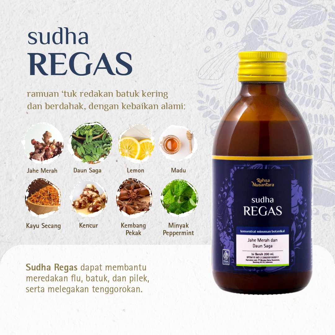 Sudha REGAS 200mL | BPOM - Ramuan Herbal Melegakan Tenggorokan, Membantu Meredakan Flu, Batuk, dan Pilek | By Rahsa Nusantara