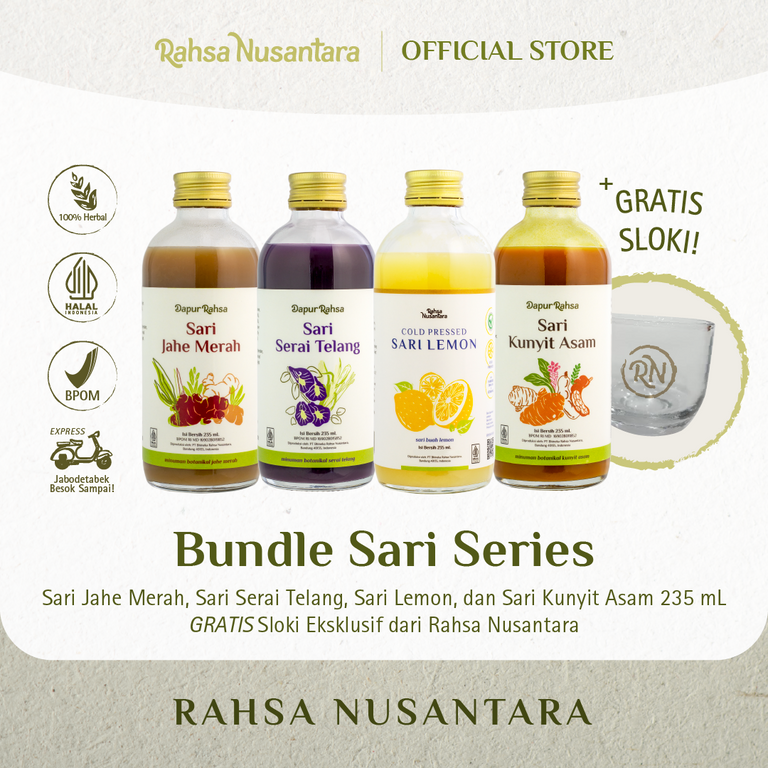 Paket Lengkap Sari Series 235mL BPOM [Gratis Gelas Sloki] | Sari Kunyit, Sari Lemon, Sari Serai Telang, Sari Jahe Merah